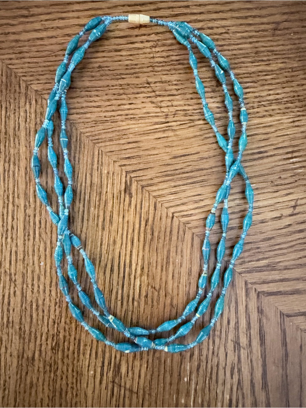 Vintage 1970’s Handmade turquoise lacquered Paper Bead Necklace